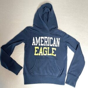 American Eagle Blue Logo Hoodie Y2K Graphic Pullover Navy XS